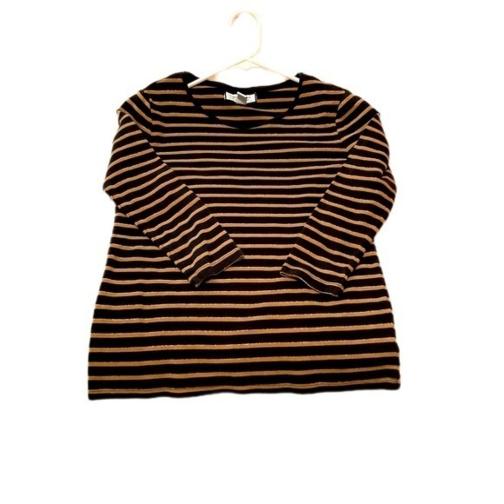 Ladies T shirt top Charter Club XS Petite 3/4 sleeves black/tan/gold stripes